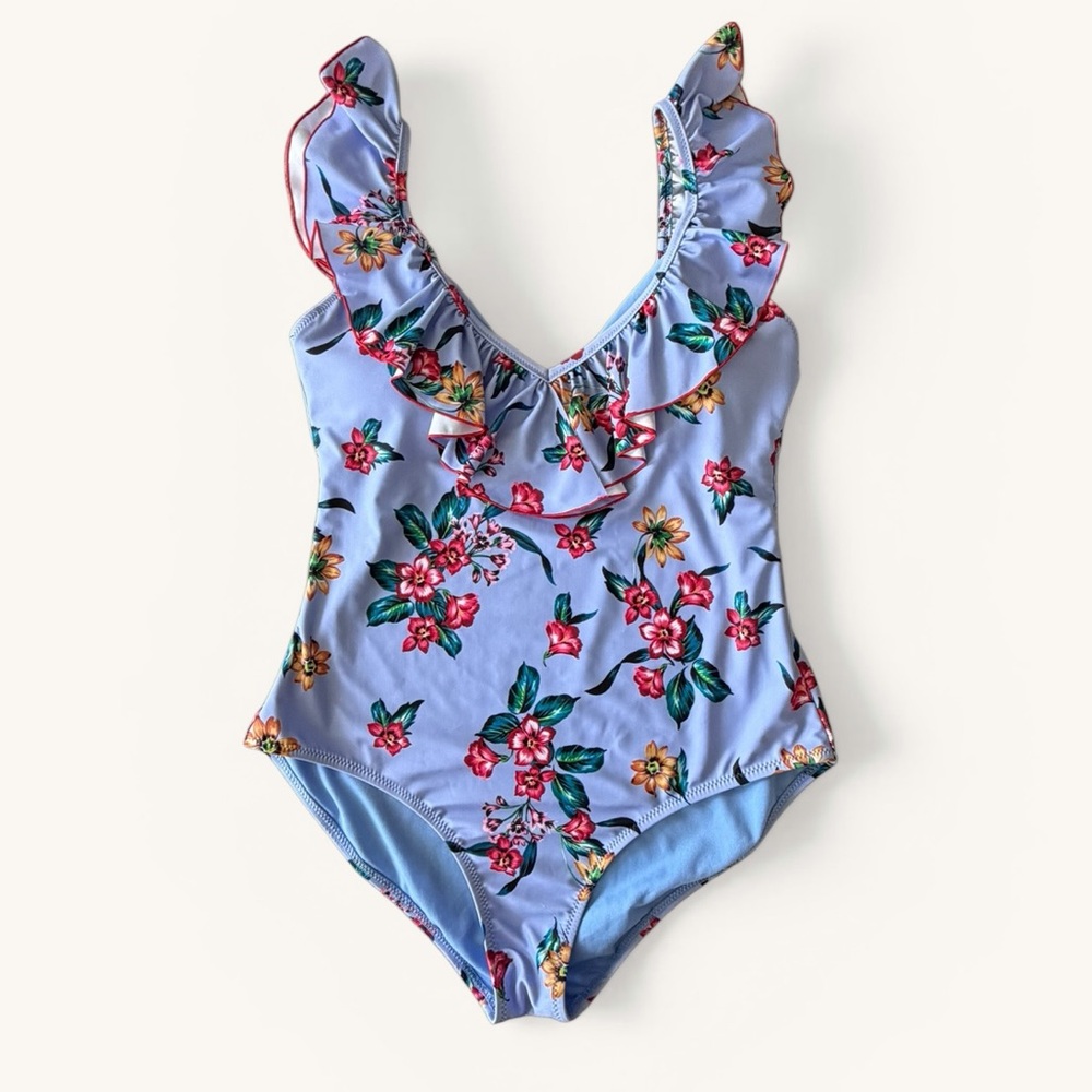 Jessica Simpson Light Blue Floral Ruffle One-Piece Swimsuit